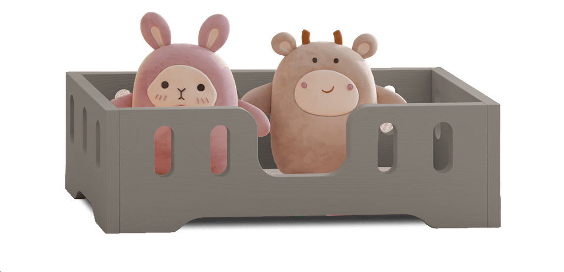 Drewniane łóżko dla lalek z podłużnymi wycięciami w barierkach ze sklejki sosnowej w kolorze szarym